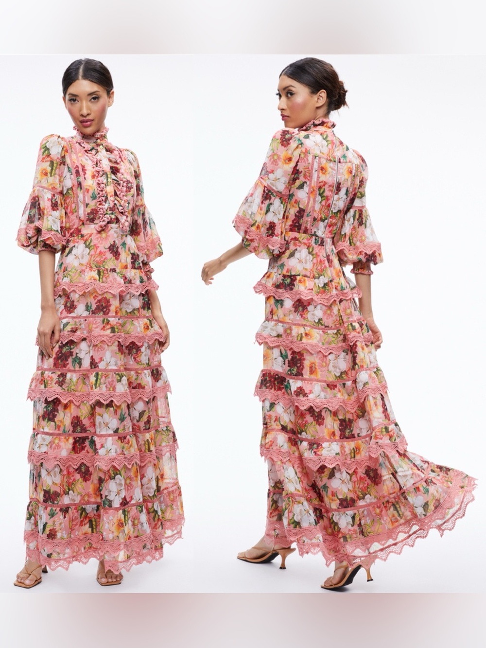 Alice + Olivia Brooke High Neck Maxi Dress Juniper Floral Rose Button Front 6 - Picture 4 of 16